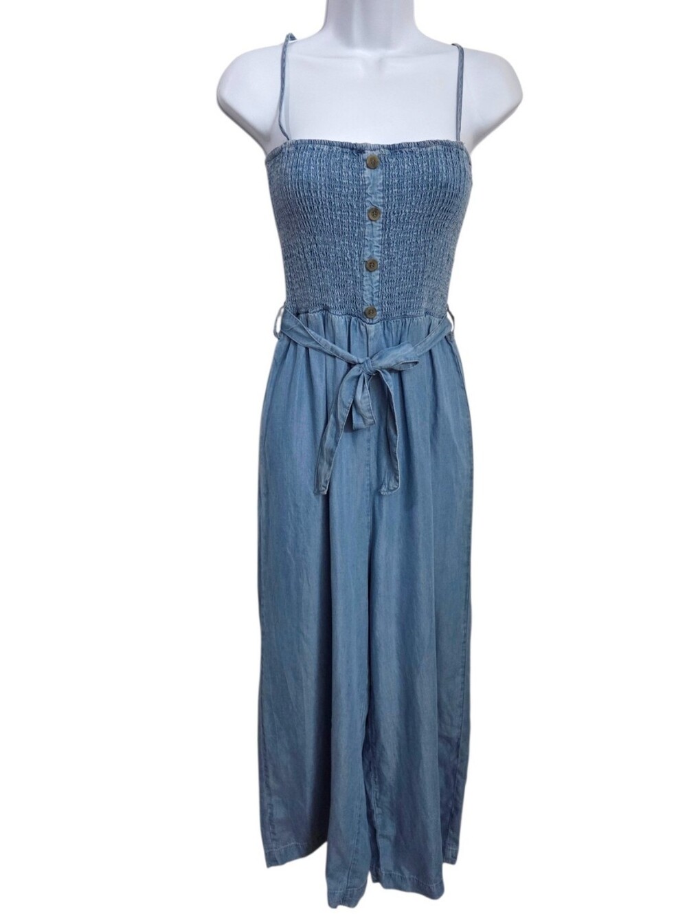 Love Tree Smocked Chambray Wide-Leg Cropped Jumpsuit Women's Size Small